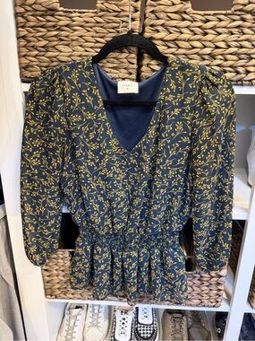 Everly Navy Blouse with Mustard Botanical Print